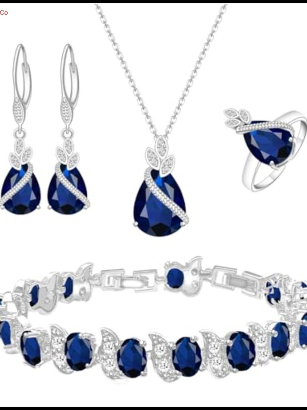White Gold Plated Teardrop Jewelry Set Necklace Earrings Bracelet Ring